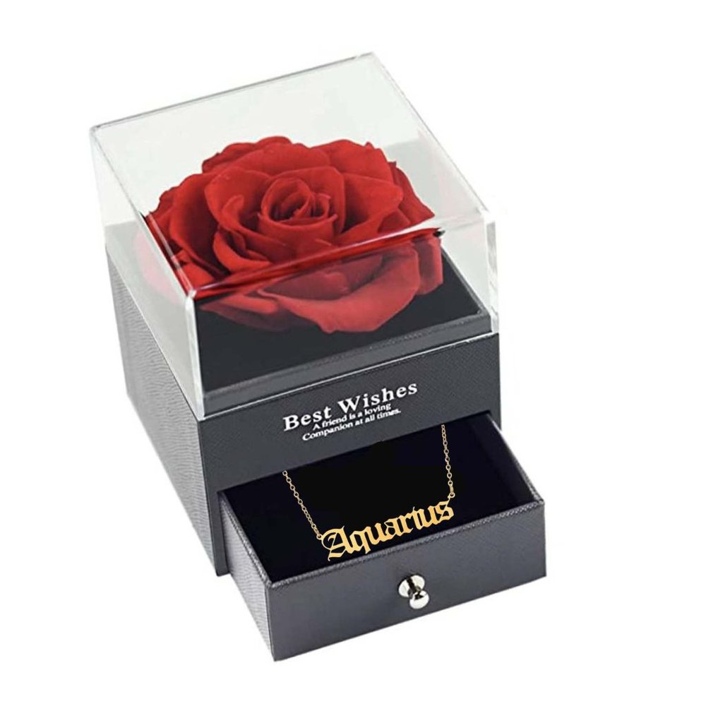 Preserved Rose In a Acrylic Box with 18K Gold Plated Aquarius Zodiac Necklace